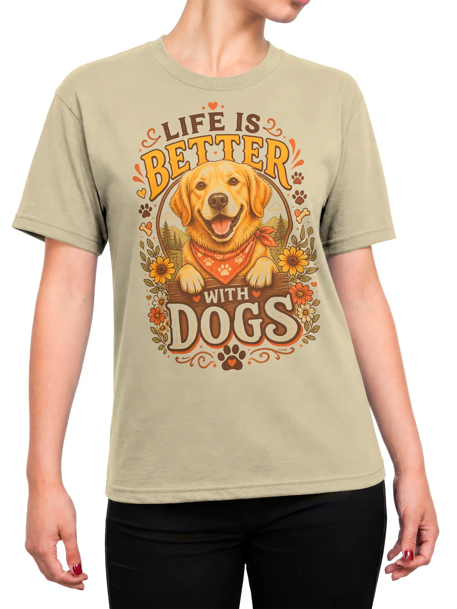 Woman wearing beige Life Is Better With Dogs golden retriever shirt with floral and heart accents