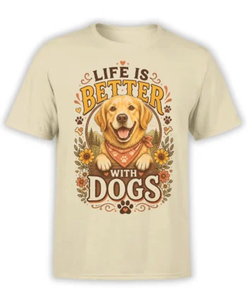 Beige unisex shirt with smiling golden retriever, floral frame, and Life Is Better With Dogs quote in warm orange and brown tones