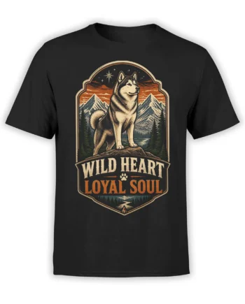 black unisex t-shirt with vintage husky standing on a mountain at sunset and wild heart loyal soul text in a bold badge design