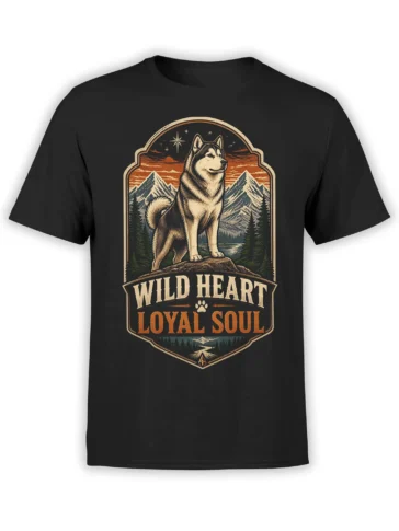 black unisex t-shirt with vintage husky standing on a mountain at sunset and wild heart loyal soul text in a bold badge design