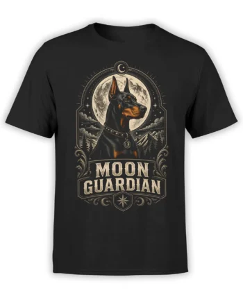 Black unisex T-shirt with vintage-style Moon Guardian doberman dog graphic in front of a full moon, stars, and mountain landscape