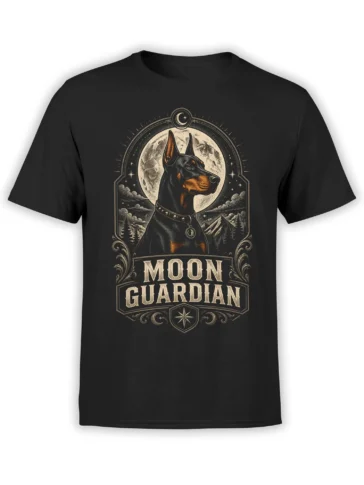 Black unisex T-shirt with vintage-style Moon Guardian doberman dog graphic in front of a full moon, stars, and mountain landscape