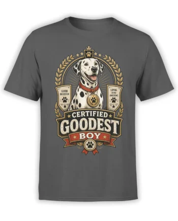 Gray unisex T-shirt with a vintage medal-style Certified Goodest Boy Dalmatian dog design framed by laurels, crown, and award banners
