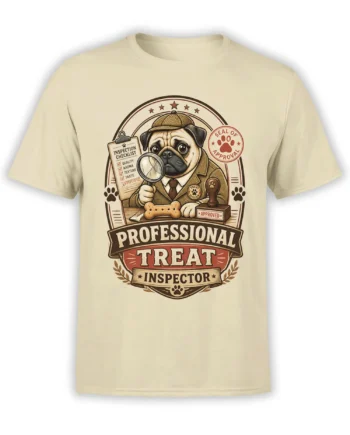 beige unisex t-shirt with vintage pug detective professional treat inspector graphic holding a magnifying glass over a bone
