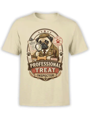 beige unisex t-shirt with vintage pug detective professional treat inspector graphic holding a magnifying glass over a bone