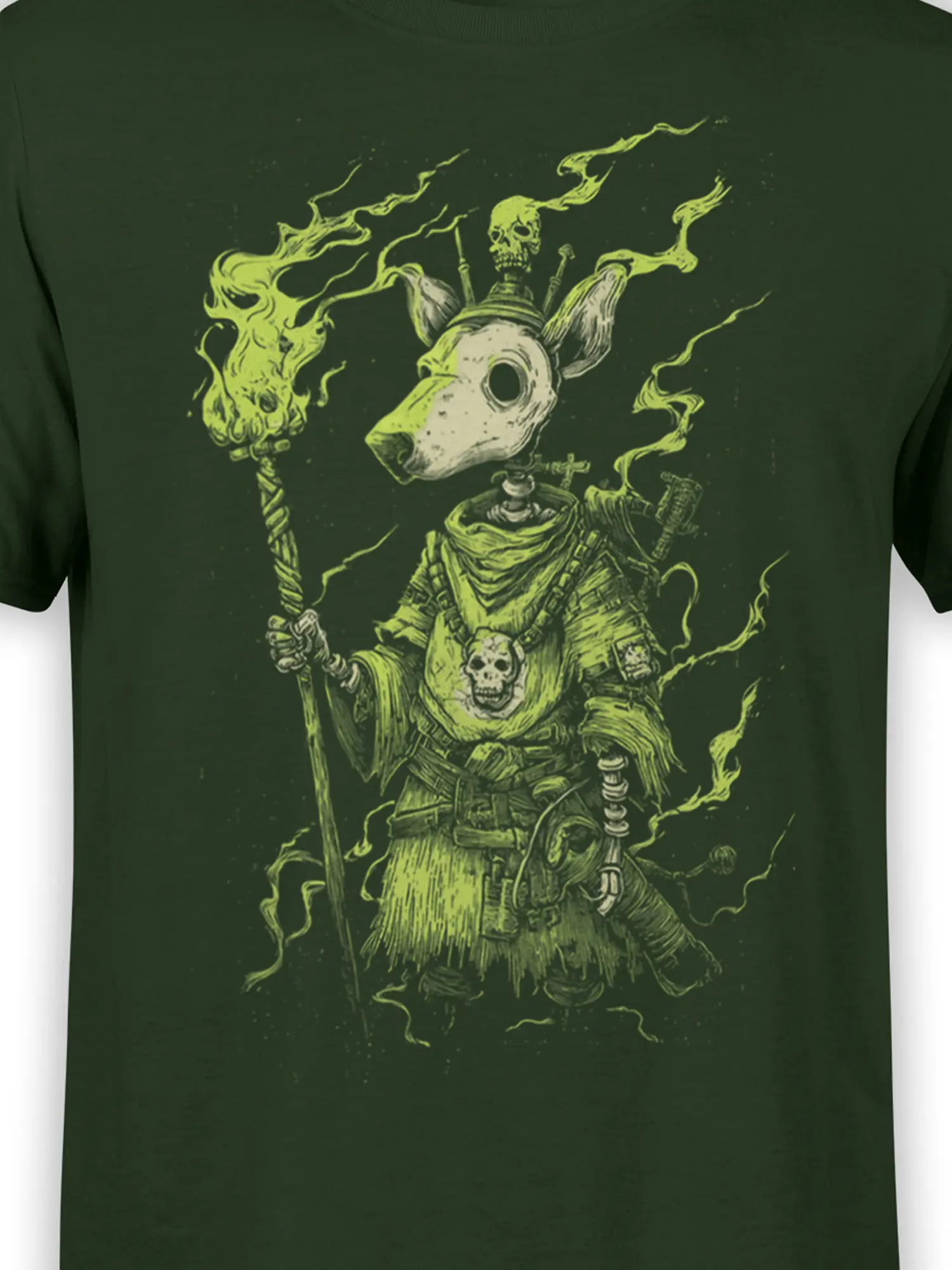 Close-up of glowing green necromancer dog shaman graphic with skulls and flaming staff on dark green shirt