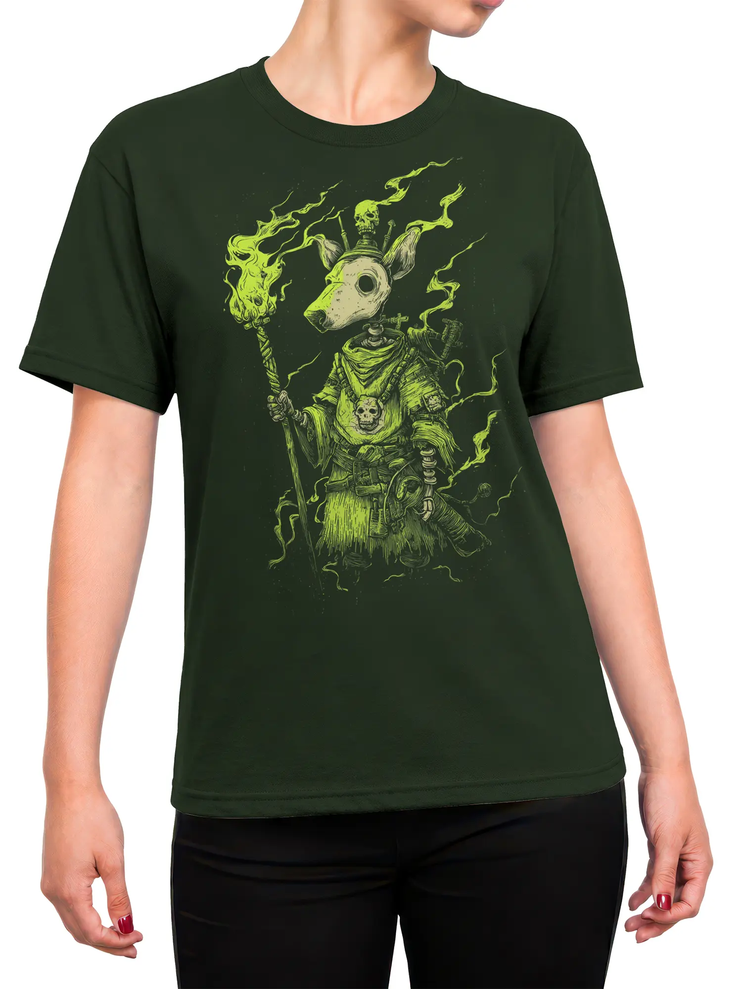 Woman wearing dark green necromancer dog shaman T-shirt with glowing green fantasy artwork