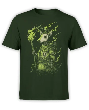 Dark green unisex T-shirt with glowing green necromancer dog shaman holding a flaming staff surrounded by ghostly smoke