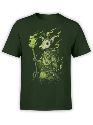 Dark green unisex T-shirt with glowing green necromancer dog shaman holding a flaming staff surrounded by ghostly smoke