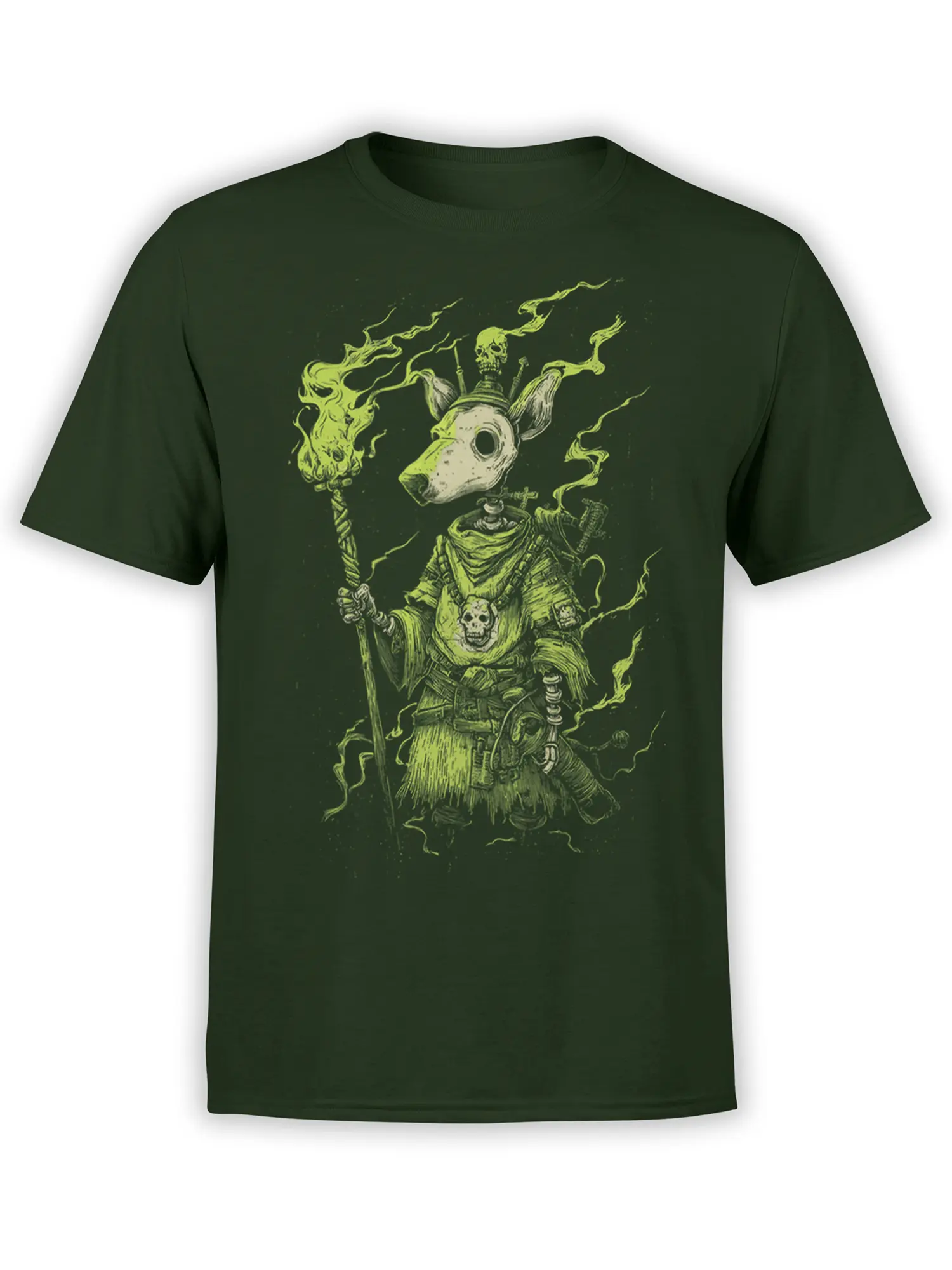 Dark green unisex T-shirt with glowing green necromancer dog shaman holding a flaming staff surrounded by ghostly smoke
