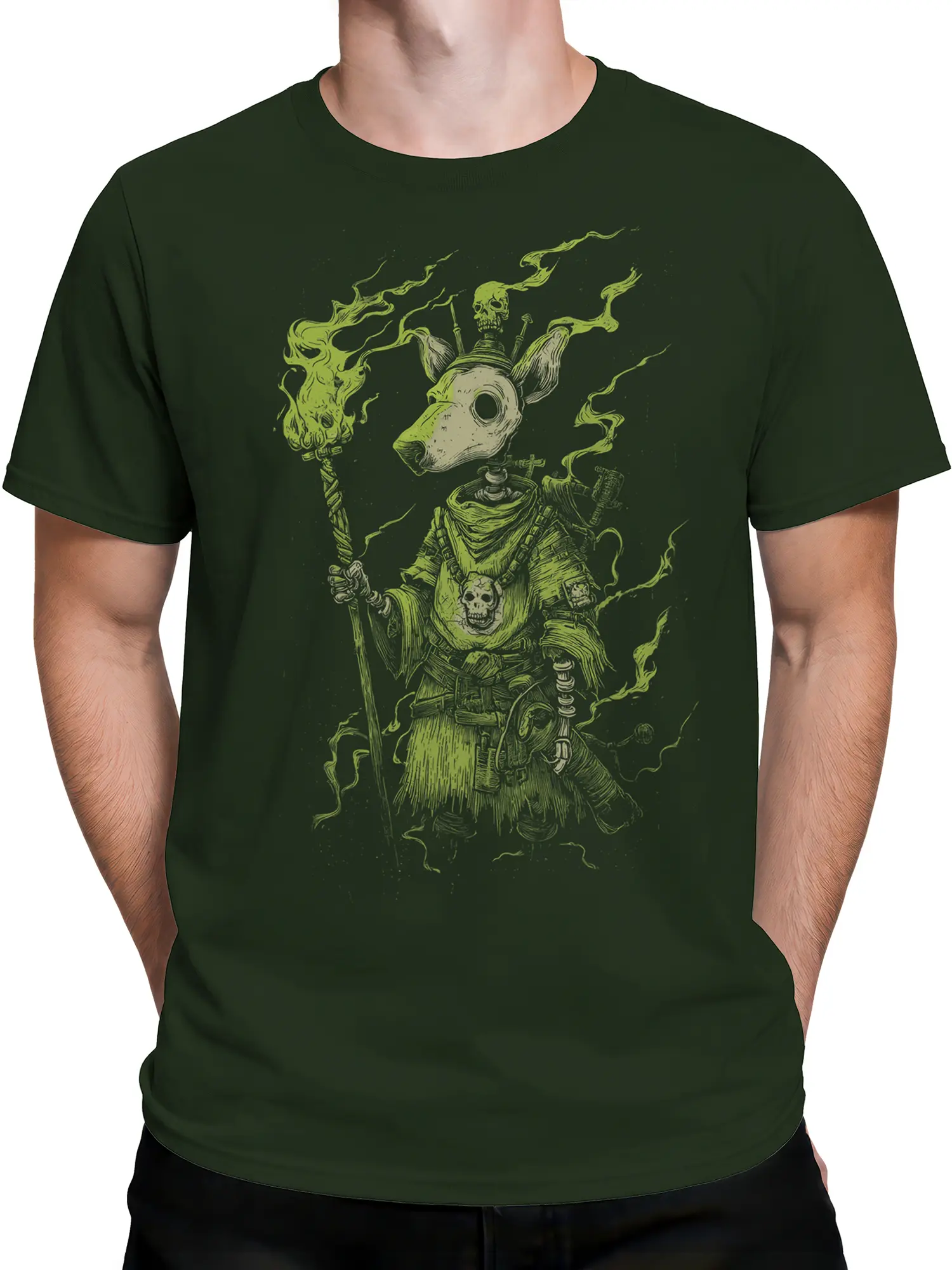 Man wearing dark green necromancer dog shaman T-shirt with eerie green skull and staff design