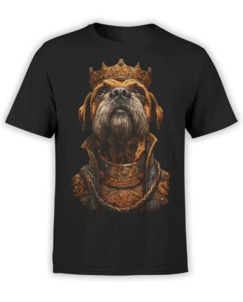 black unisex t-shirt with detailed regal dog wearing golden crown and armor printed large on the chest