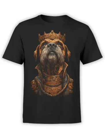 black unisex t-shirt with detailed regal dog wearing golden crown and armor printed large on the chest