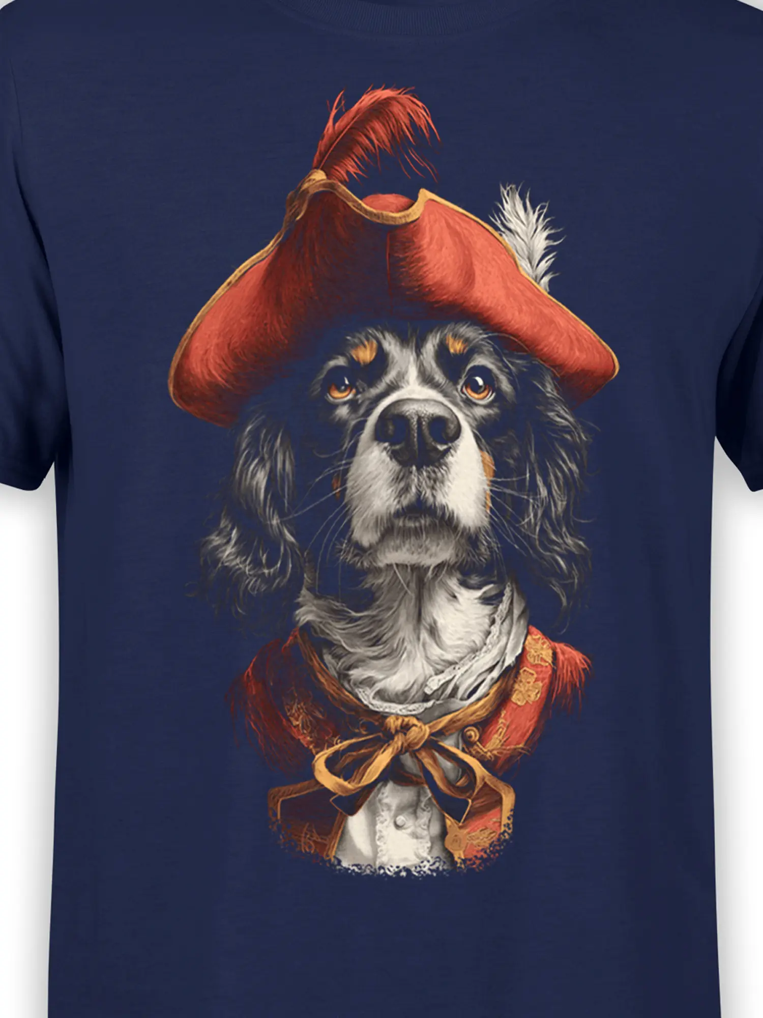 close-up of musketeer dog design showing detailed face, feathered hat, and ornate red costume on navy fabric