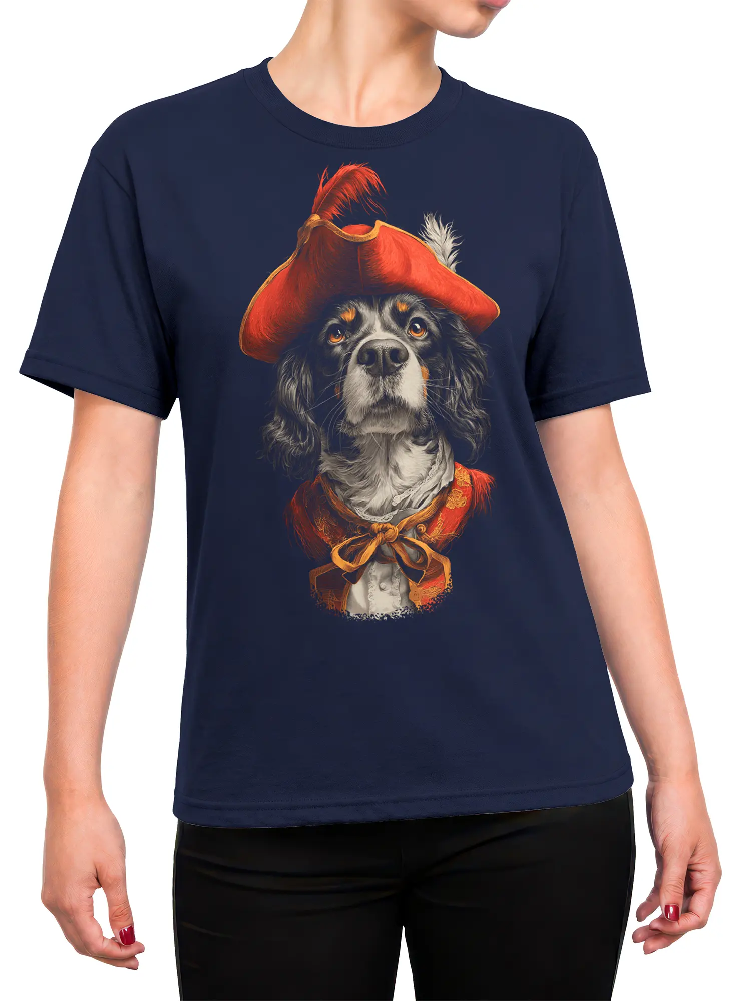 female model wearing navy musketeer dog shirt with regal canine portrait centered on chest