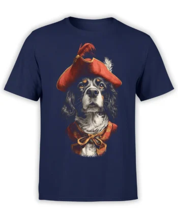 navy unisex t-shirt with detailed musketeer dog portrait in a red feathered hat and ornate coat