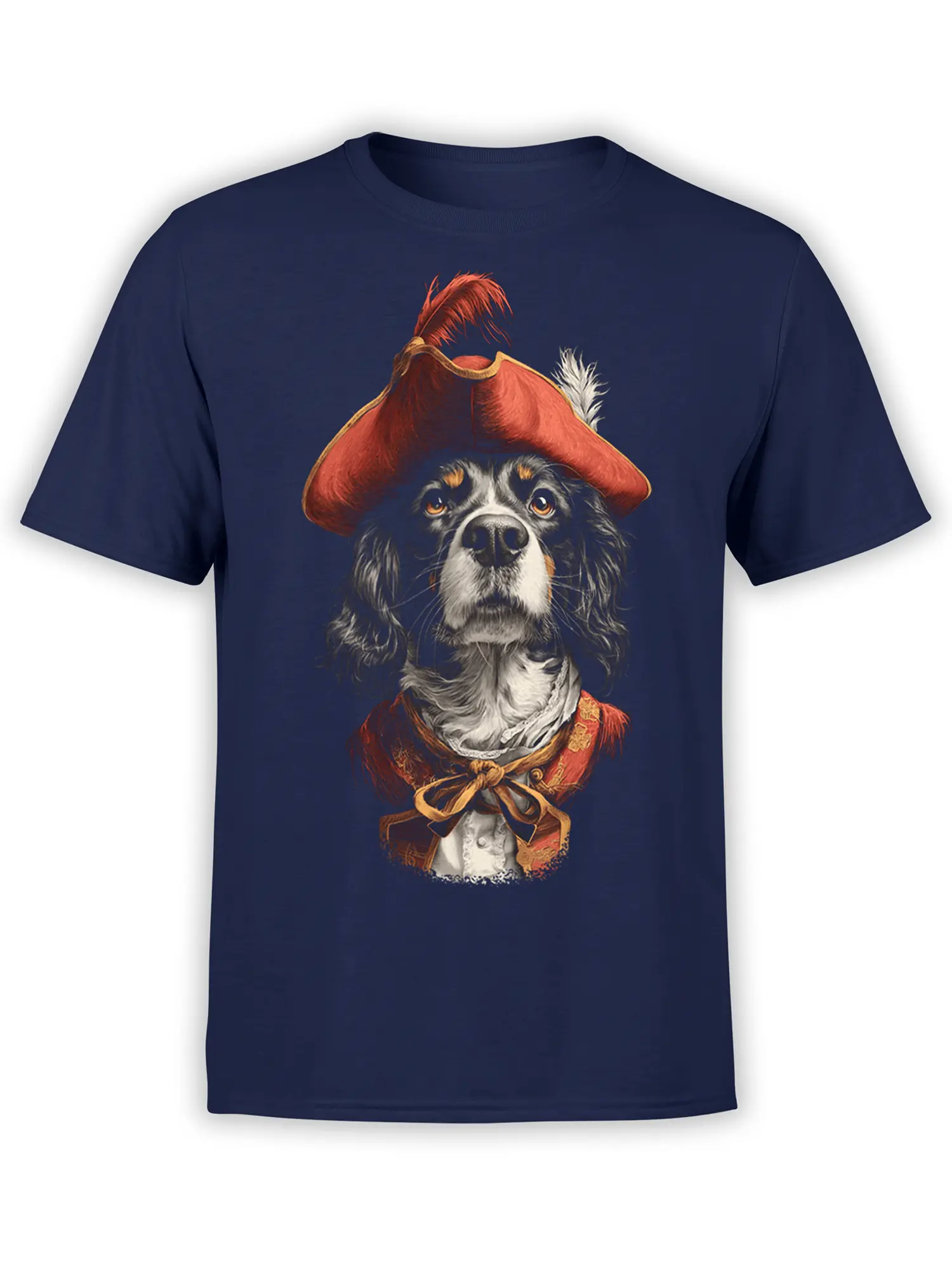 navy unisex t-shirt with detailed musketeer dog portrait in a red feathered hat and ornate coat