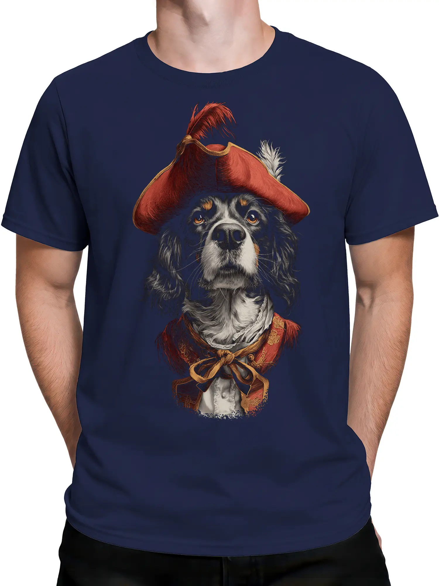 male model wearing navy t-shirt featuring ornate musketeer dog portrait design