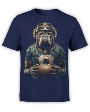 navy unisex t-shirt with a detailed print of a serious bulldog in vintage football gear holding a ball