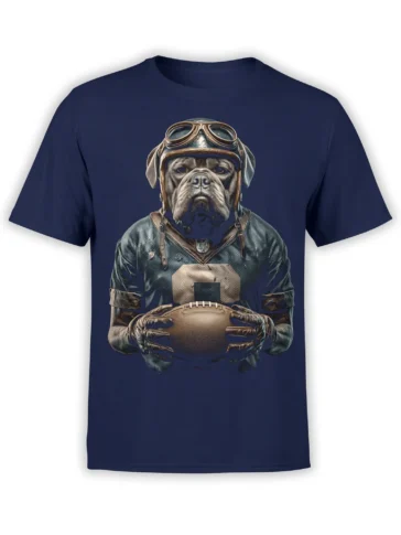 navy unisex t-shirt with a detailed print of a serious bulldog in vintage football gear holding a ball