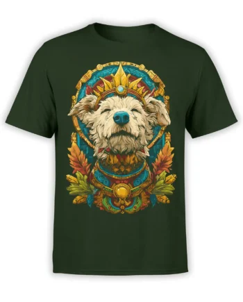 Green unisex t-shirt with a detailed graphic of a regal fluffy dog wearing a sun crown in a colorful temple-style frame