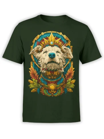 Green unisex t-shirt with a detailed graphic of a regal fluffy dog wearing a sun crown in a colorful temple-style frame