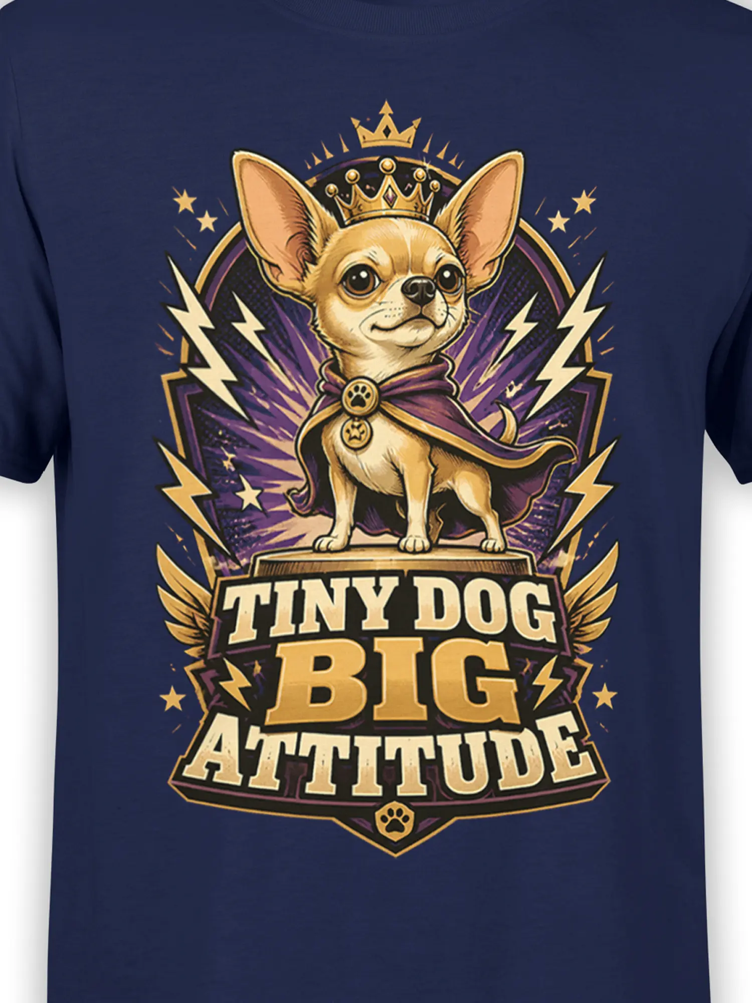 Close-up of crowned chihuahua graphic and “Tiny Dog Big Attitude” text in purple and gold on navy fabric.