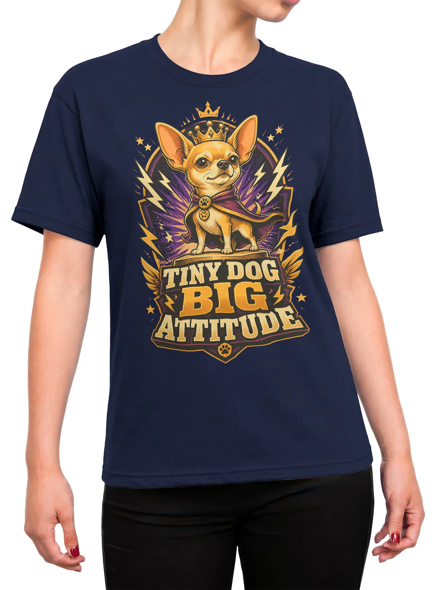 Woman wearing navy Tiny Dog Big Attitude chihuahua shirt with crowned pup and cape graphic.