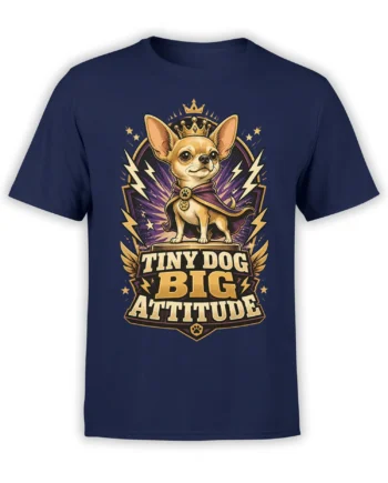 Navy unisex shirt with crowned chihuahua in cape and “Tiny Dog Big Attitude” slogan in bold purple and gold graphic.
