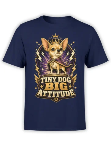 Navy unisex shirt with crowned chihuahua in cape and “Tiny Dog Big Attitude” slogan in bold purple and gold graphic.