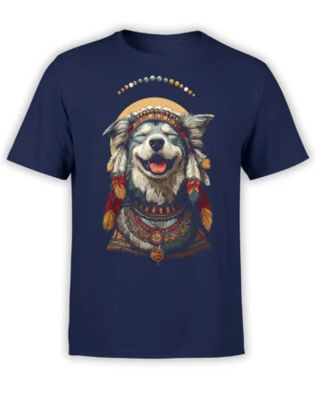 Front view of navy t-shirt with joyful dog in feather headdress, sun halo, and bead arc design centered on the chest