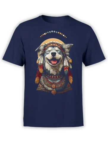 Front view of navy t-shirt with joyful dog in feather headdress, sun halo, and bead arc design centered on the chest