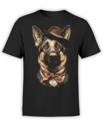 black unisex t-shirt with a realistic german shepherd in a brown fedora and red scarf, dressed in vintage clothing