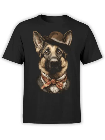 black unisex t-shirt with a realistic german shepherd in a brown fedora and red scarf, dressed in vintage clothing