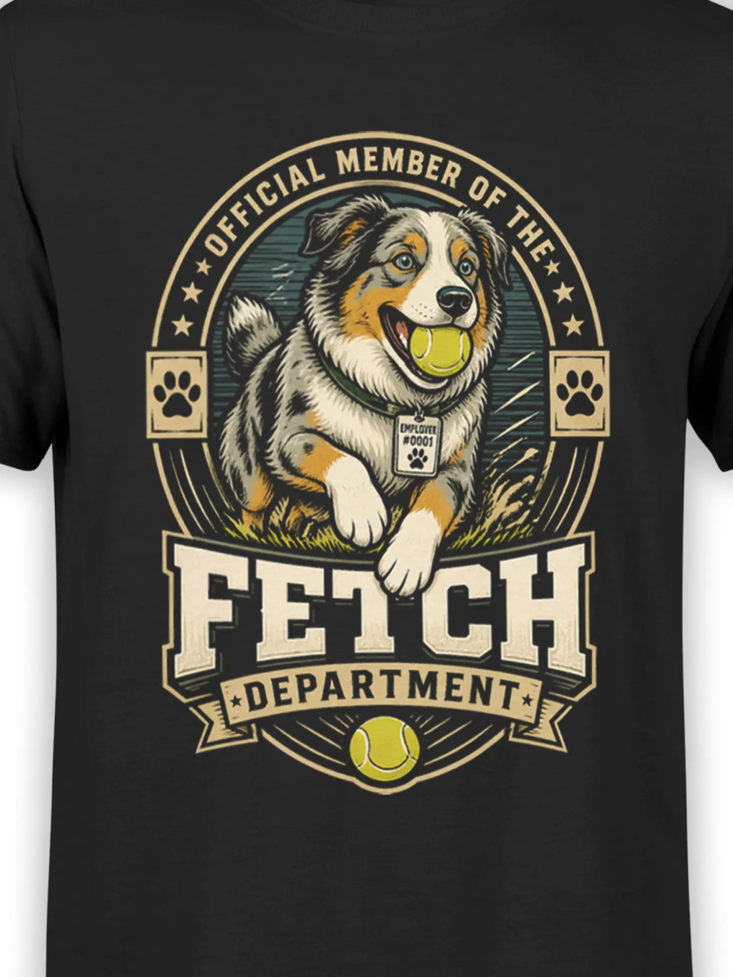 close-up of vintage fetch department dog design with tennis ball on black cotton shirt