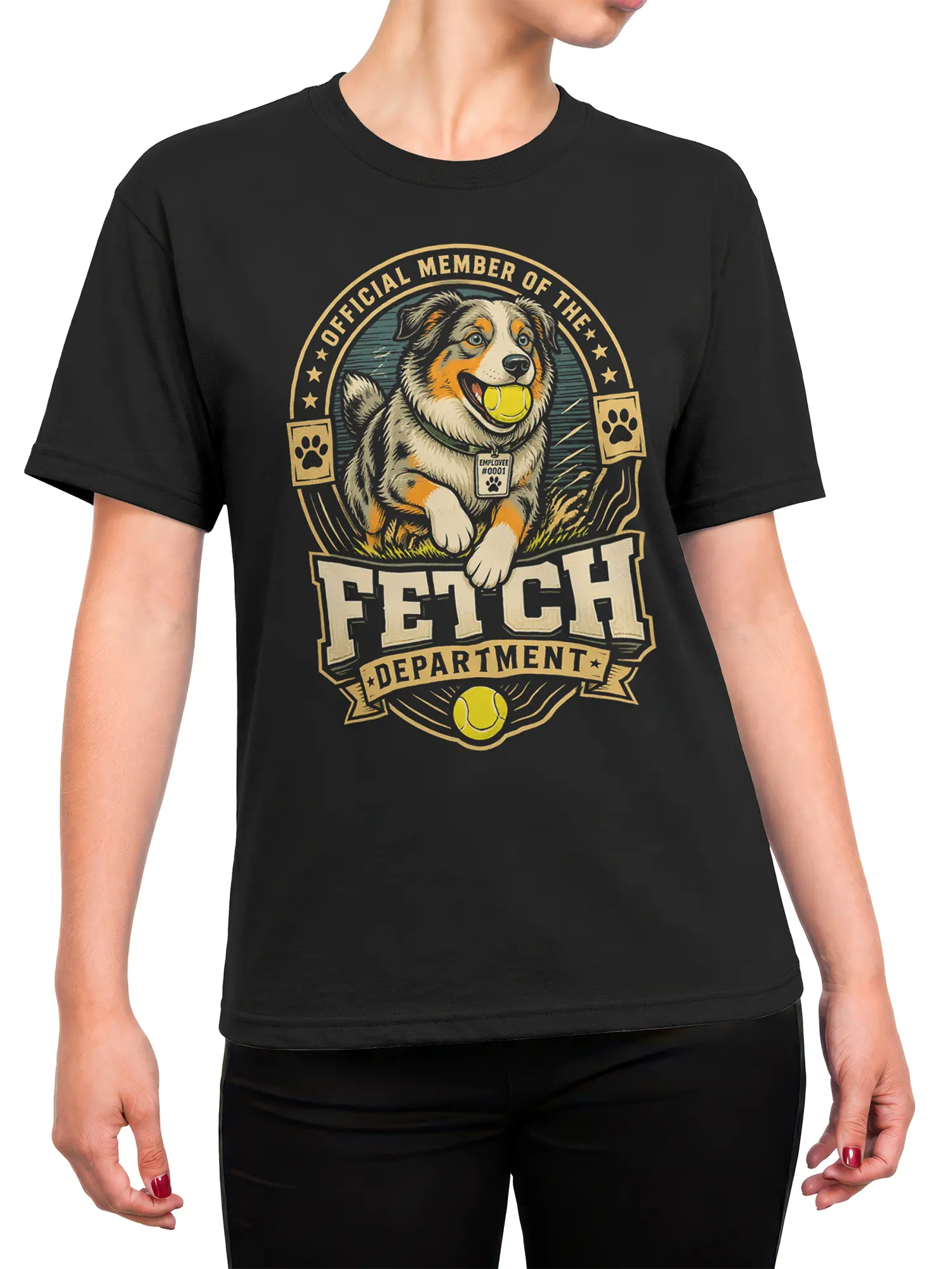 female model wearing black fetch department dog shirt with vintage tennis ball design