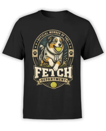 black unisex t-shirt with vintage fetch department dog graphic and tennis ball for dog lovers