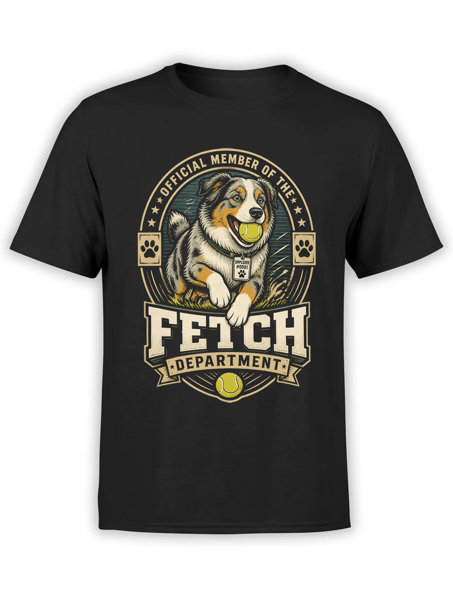 black unisex t-shirt with vintage fetch department dog graphic and tennis ball for dog lovers