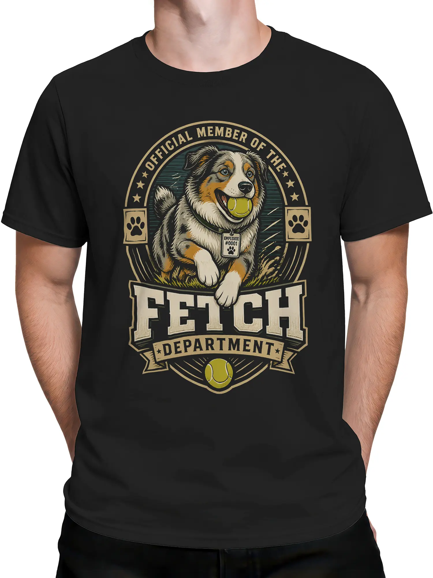 male model in black fetch department dog shirt with vintage badge and tennis ball graphic