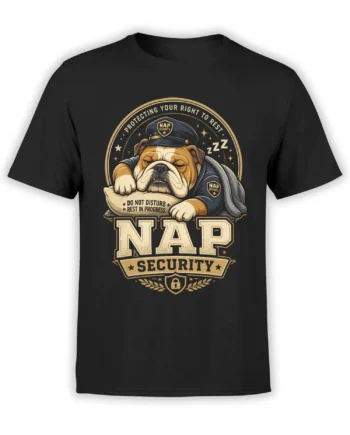Black unisex shirt with a sleepy bulldog security guard graphic and bold Nap Security text in a vintage badge style