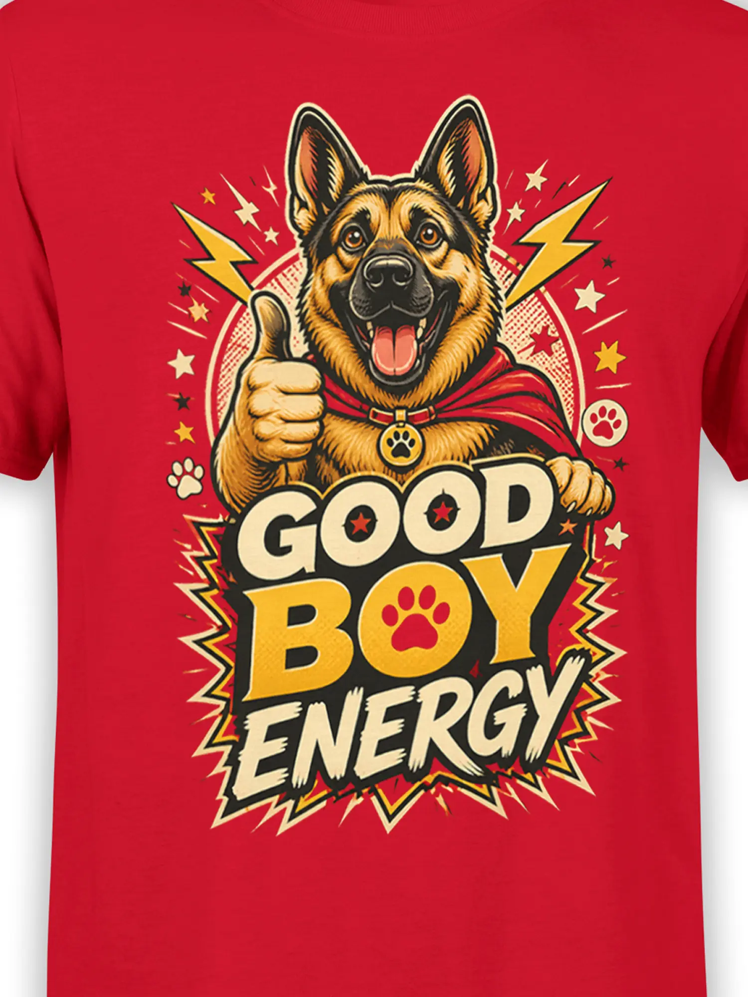Close-up of superhero german shepherd face, cape, and Good Boy Energy text with stars and lightning on bright red fabric