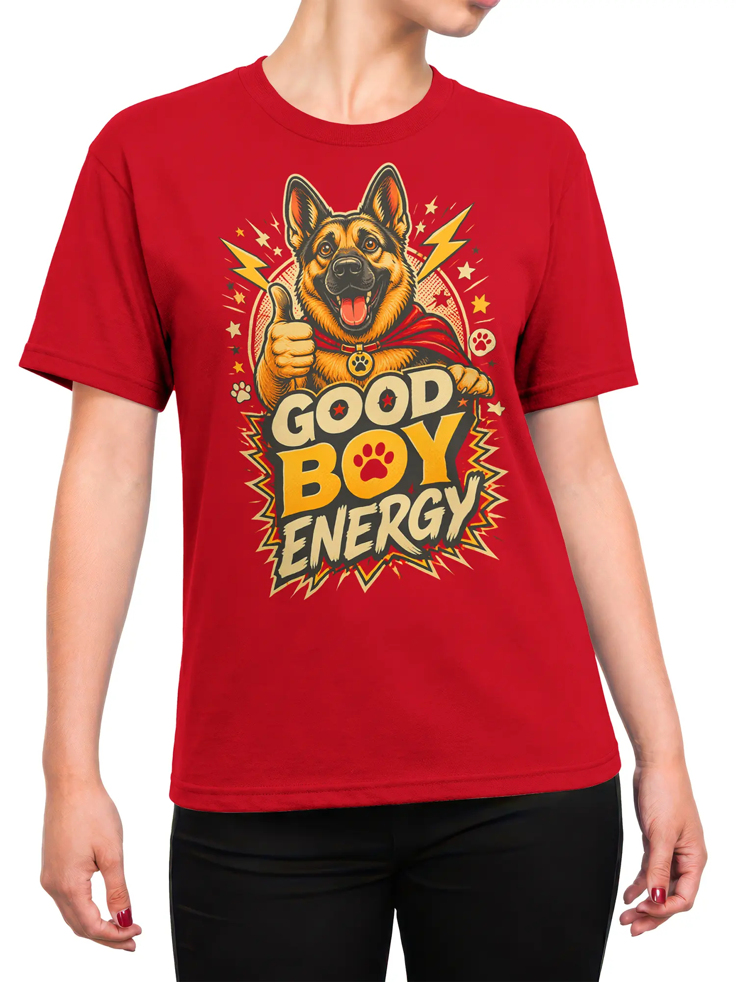 Woman wearing red Good Boy Energy german shepherd shirt with superhero dog graphic centered on the chest