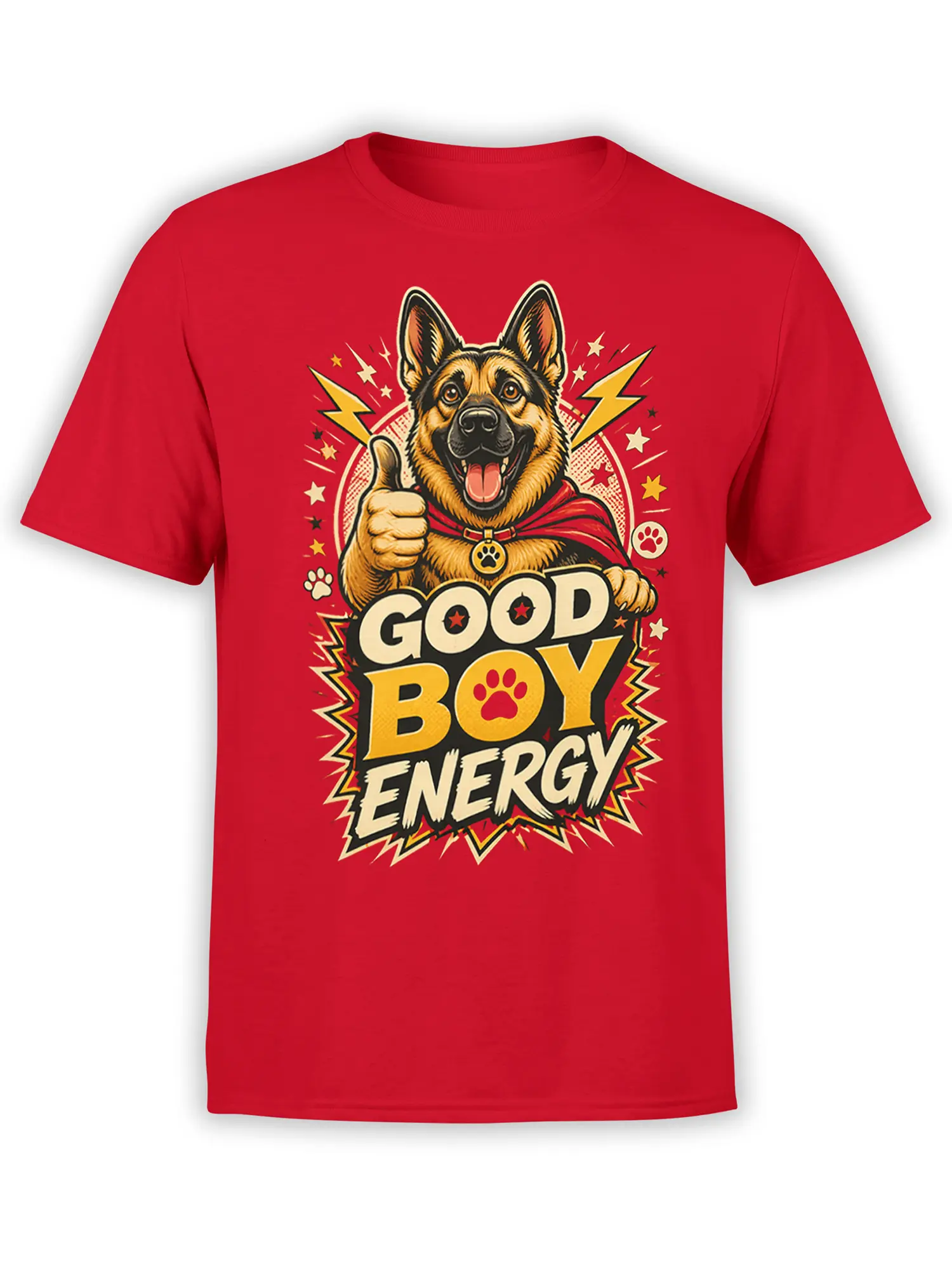 Bright red unisex shirt featuring a superhero german shepherd with cape and thumbs up over bold Good Boy Energy text, stars, and lightning accents