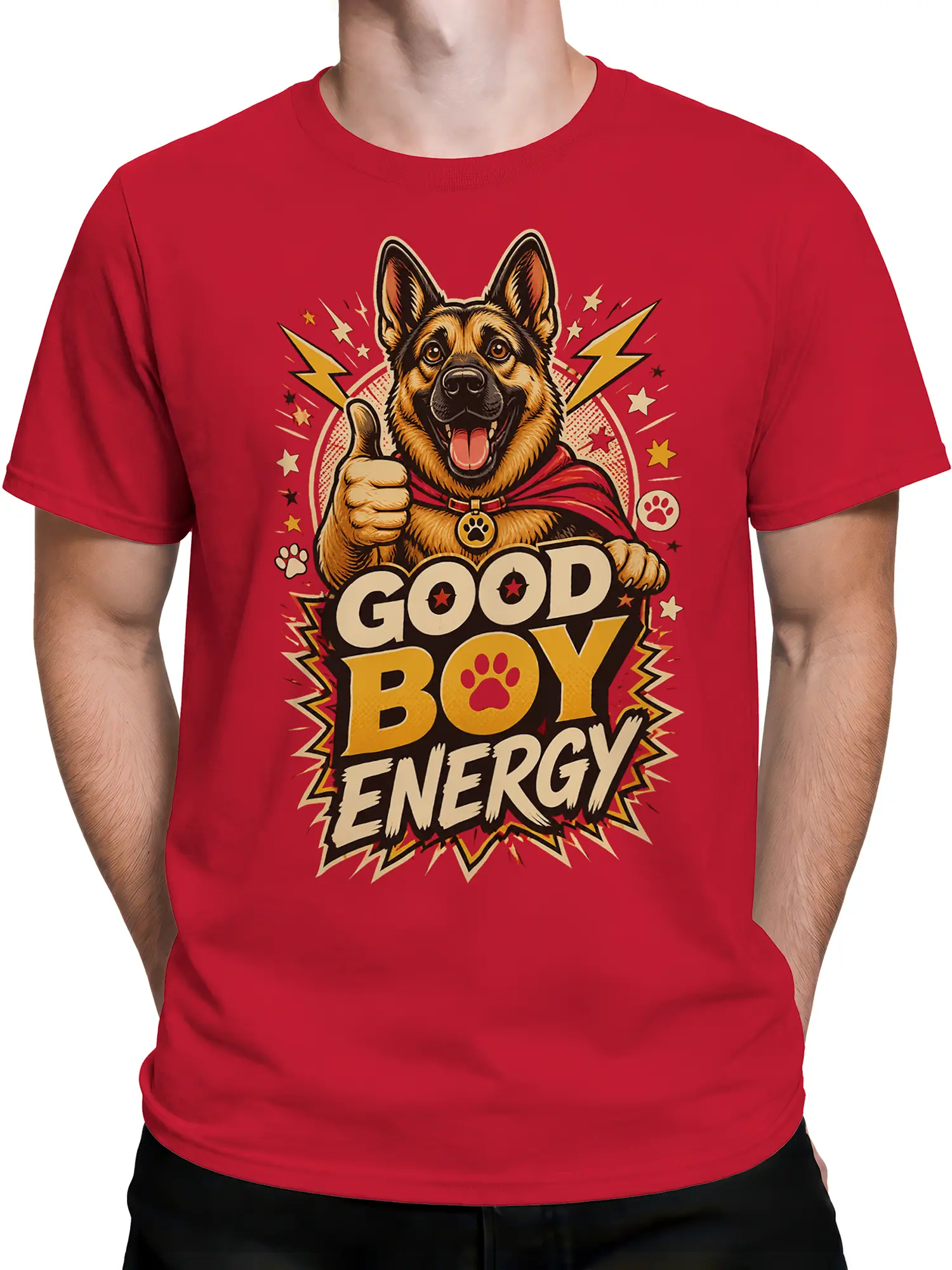 Man wearing red superhero german shepherd Good Boy Energy shirt with bright comic-style design