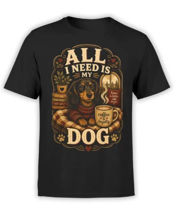 Black unisex t-shirt featuring a cozy long-haired dog, steaming coffee mug, and “All I Need Is My Dog” quote in warm vintage colors