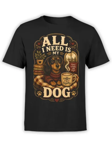 Black unisex t-shirt featuring a cozy long-haired dog, steaming coffee mug, and “All I Need Is My Dog” quote in warm vintage colors