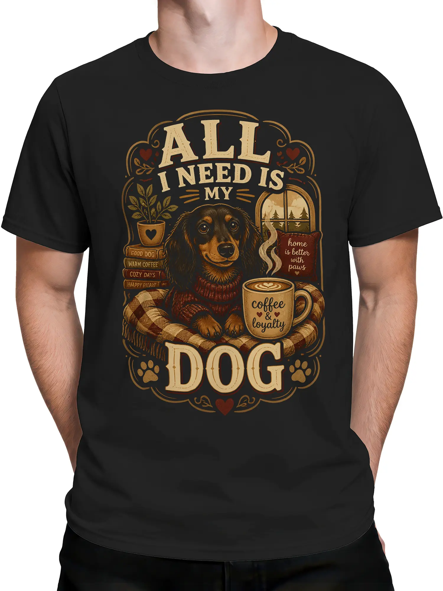 Man wearing black dog and coffee graphic shirt with “All I Need Is My Dog” quote