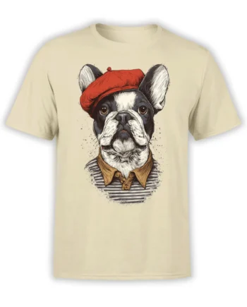 beige unisex tee featuring a detailed french bulldog in a red beret and striped shirt in vintage illustration style