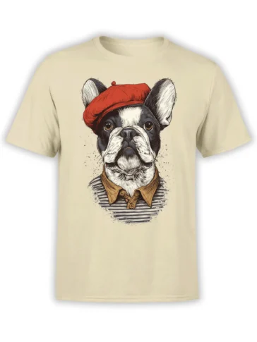 beige unisex tee featuring a detailed french bulldog in a red beret and striped shirt in vintage illustration style