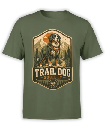 Olive green unisex T-shirt with vintage trail dog society design featuring backpacked dog, mountains, pine forest, and compass badge